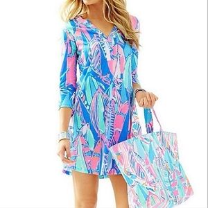 Lilly Pulitzer Ali Dress Out To Sea Print Bay Blue Stretch Cotton Dress Large